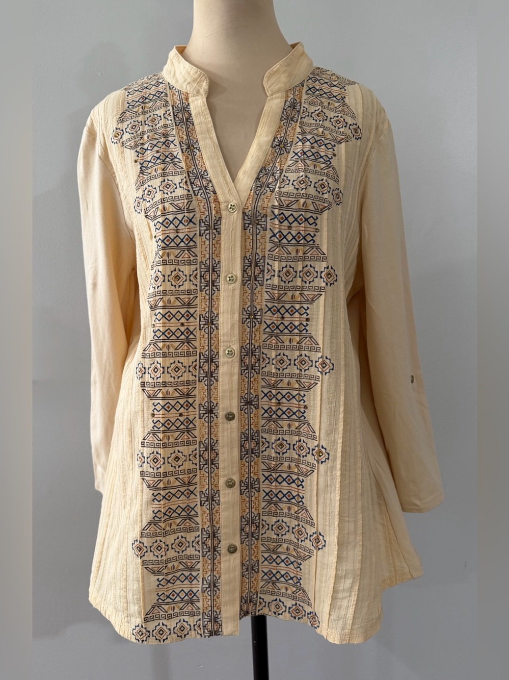 VINTAGE Cream Ivory Embroidered Beaded Pleating Cotton Women's Blouse Shirt